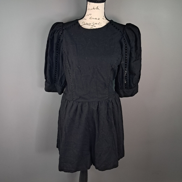 Express Pants - Express Linen Blend Puff Sleeve Black Romper Eyelet Size Medium